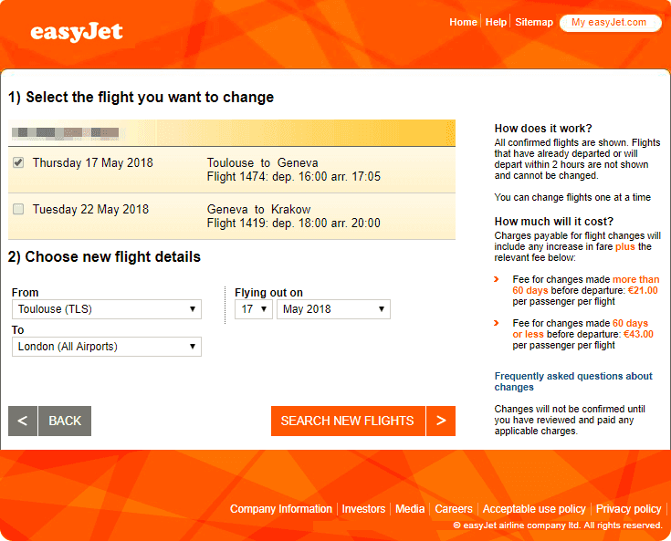 easyJet搭乗便の変更（予約便の選択）