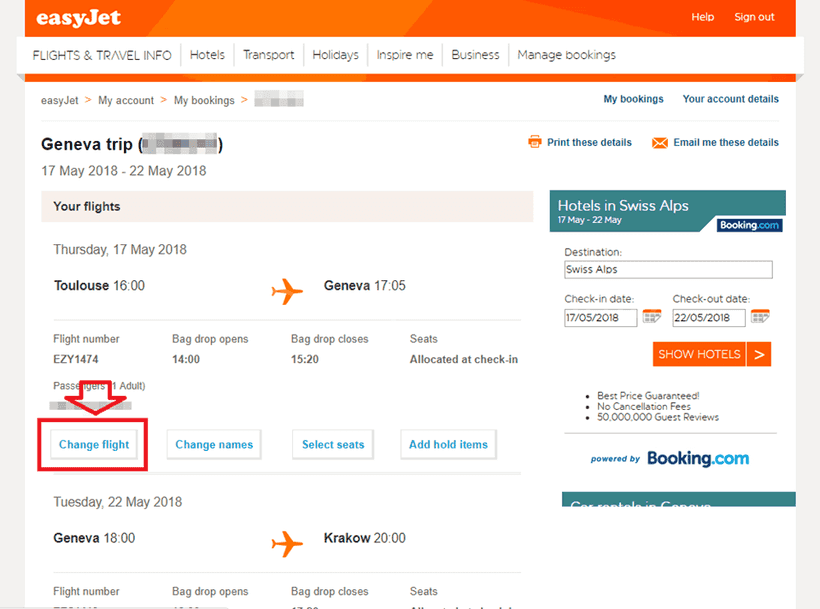 easyJet Manage Bookingの画面