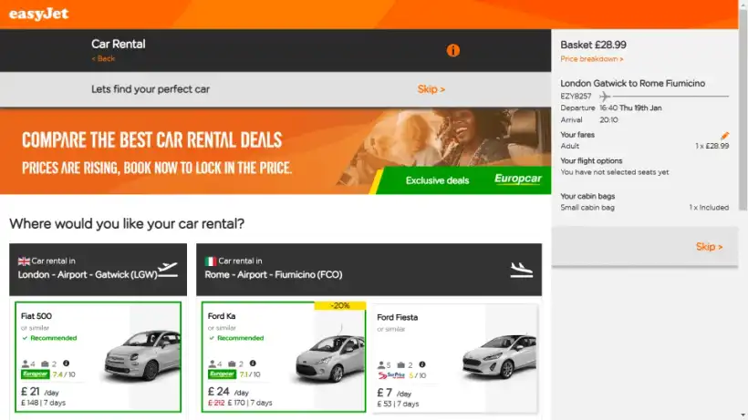 easyJet予約画面