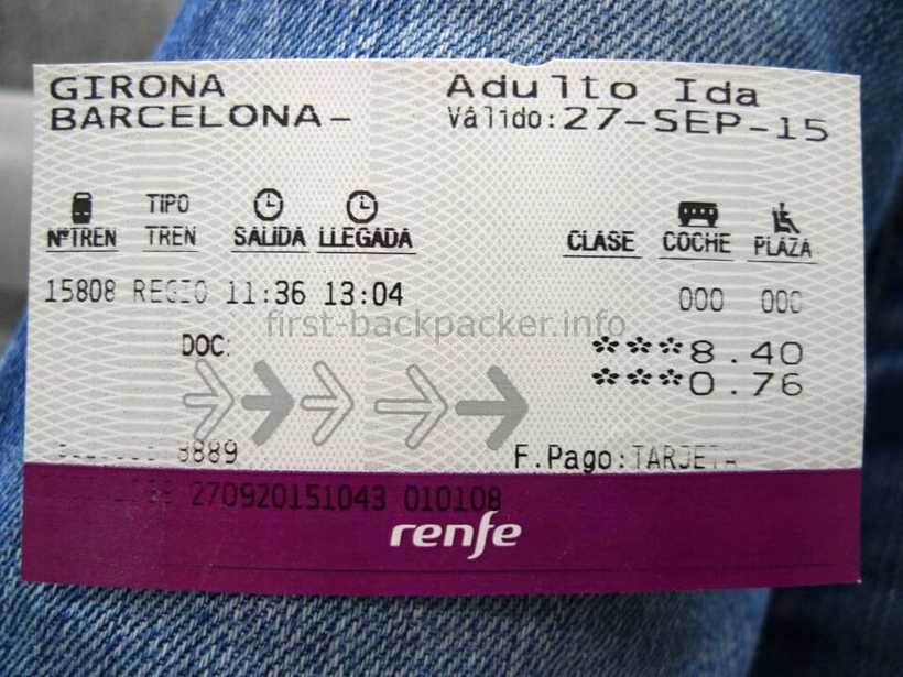 ジローナ・バルセロナ間の電車の乗車券
