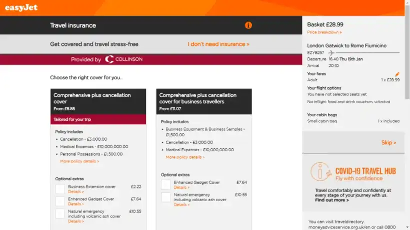 easyJet予約画面